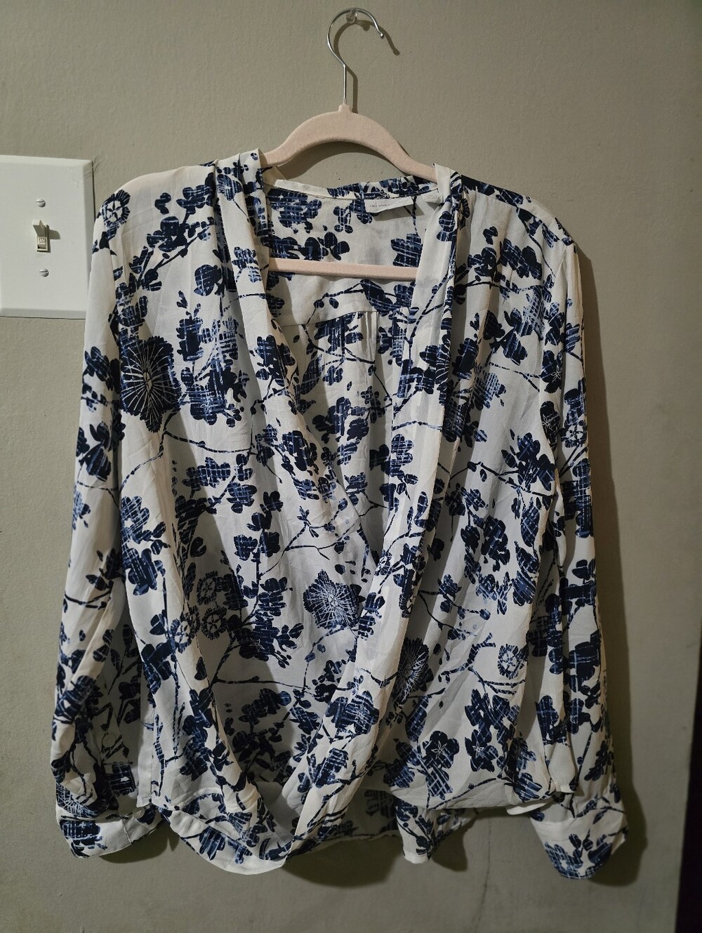 New York & Company White Blouse with Navy Floral Print